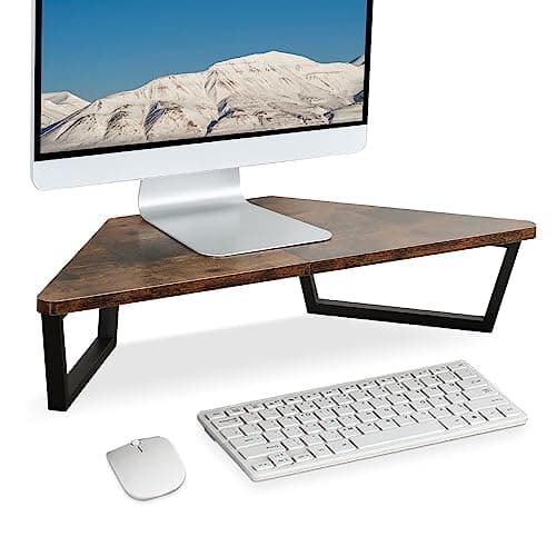 TEAMIX 26 inch Triangle Monitor Stand Riser, Desktop Corner Shelf with Metal Leg Wood Computer Stand with Storage Laptop Riser Office Organization - Desk