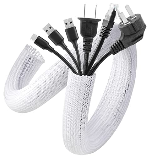 AGPTEK White Cable Sleeve, 2 Pack 5ft - 1.2 Inch Cable Management, Desk Cord Cover Organizer Wire Hider for Computer TV Wire Loom Tubing, Pet Proof Cord Protector from Cat Dog Chewing, White - Cable Management