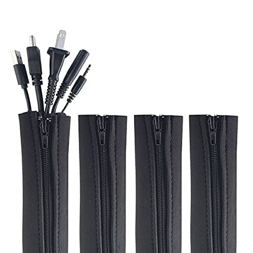Wrap-It Storage Zipper Cable Sleeve by Wrap-It Storage - 24" x 4" (4-Pack) Black - Cord Organizer and Cable Protector for Desk, Computer, TV Cord Management to Hide and Cover Wire and Extension Cables - Cable Management