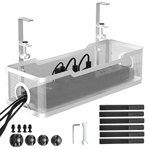 Cinati Under Desk Cable Management Tray White, Cinati Wire Organizers No Drill, Cable Tray with Clamp for Wire Management, Cord Organization Box for Office, Home - No Damage to Desk - Desk
