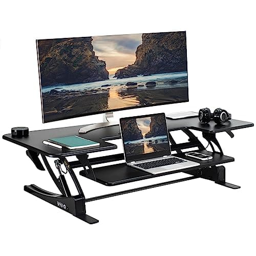 VIVO 48 inch Height Adjustable Large Stand Up Desk Converter, V Series, Quick Sit to Stand Tabletop Dual Monitor Riser Workstation, Black, DESK-V048V - Desk