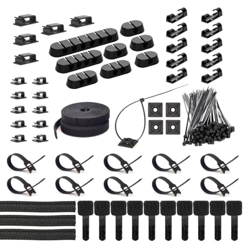 ZIIYAN 163 PCS Cable Management Kit, 3 Wire Organizer Sleeve, 8 Self Adhesive Cable Holder, 25 Cord Clips, 20+2 Roll Reusable Cable Straps and 100 Fastening Cable Ties for Computer TV Under Desk - Cable Management
