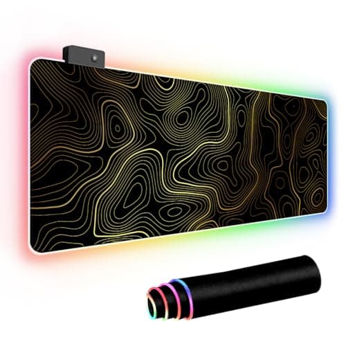 ZEFIXON RGB Mouse Pad LED Desk Mat Large Gaming Mousepad Black and Gold Line Design, Keyboard Pad XL Mouse Mat for Home and Office (Black with Gold Topographic Line) - Desk