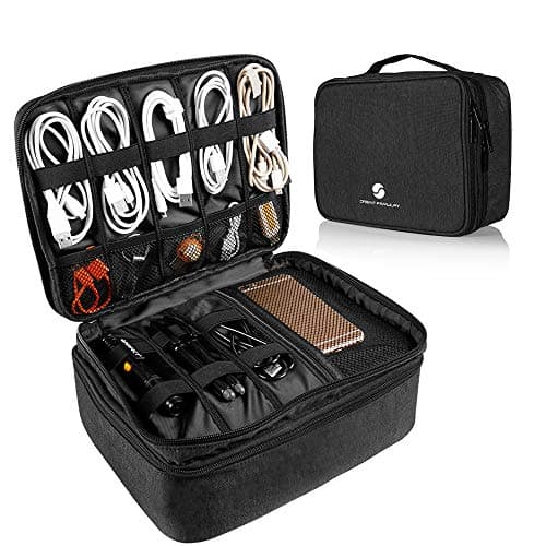 Travel Electronics Organizer, Waterproof Cable Organizer Bag for Electronic Accessories Double Layer Large Shockproof Cable Storage Bag for Cord, Power Bank, Tablet(Up to iPad 11 inch) - Black - Cable Management